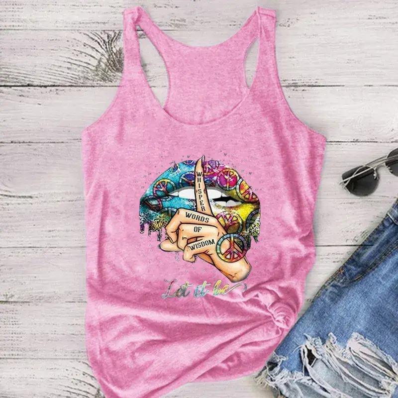 Silence Gesture Lip Pattern Printed Sleeveless Vest Women's Fashion American Retro Polyester Blend Fabric Regular Length