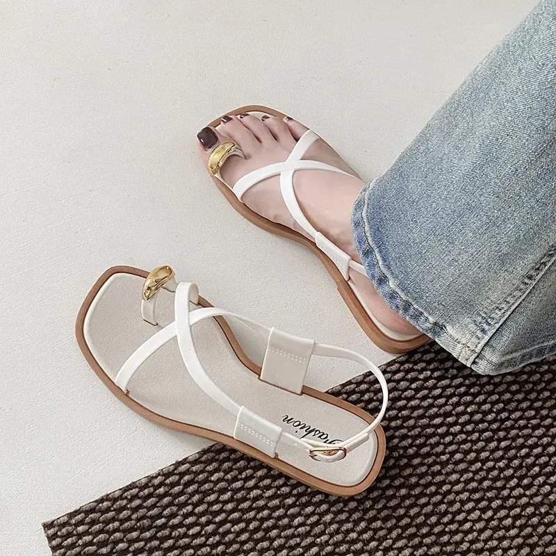 2024 New Women's Summer Outdoor Wear French Style Flat Bottom Sandals High Quality PVC Material Adults Roman Style Slippers