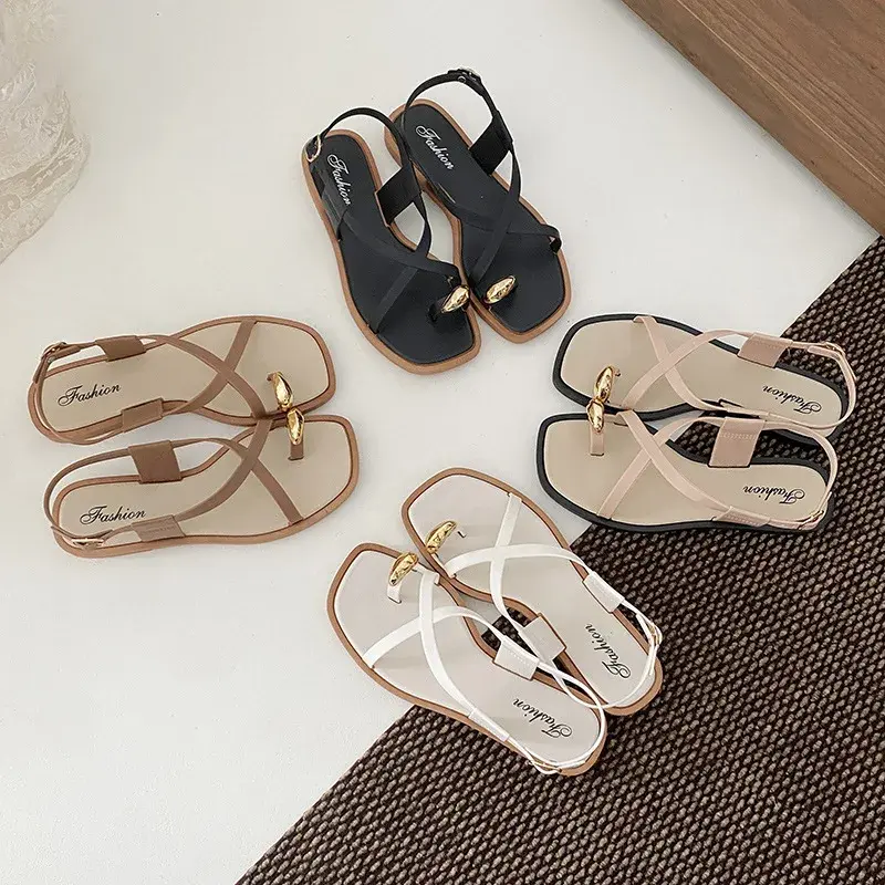 2024 New Women's Summer Outdoor Wear French Style Flat Bottom Sandals High Quality PVC Material Adults Roman Style Slippers