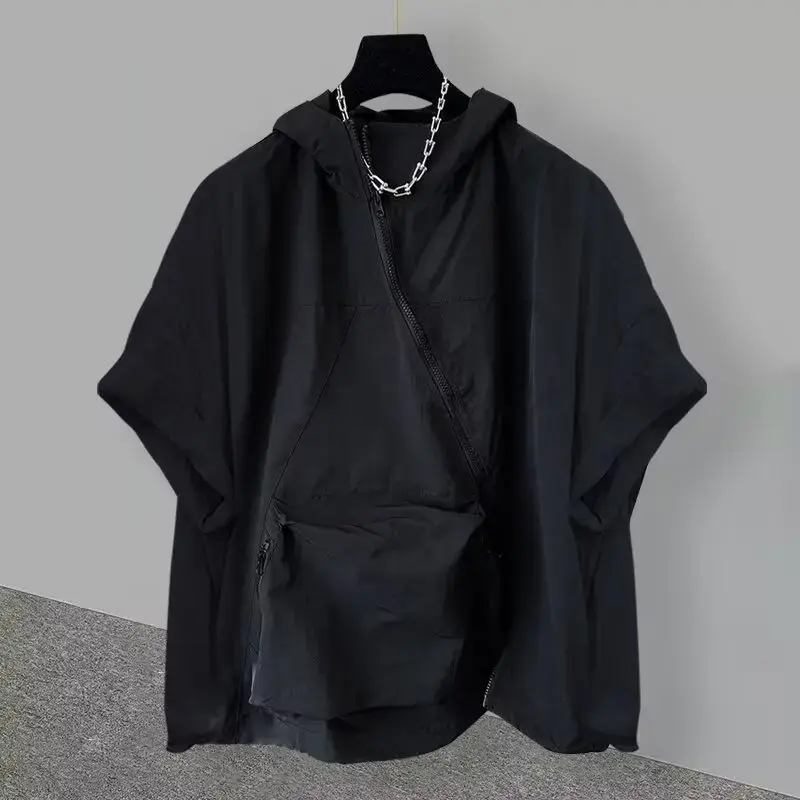 Trendy Zip-Up Hooded Short Sleeve Men's T-Shirt Korean Style Loose Fit Large Pocket Summer Casual Tops