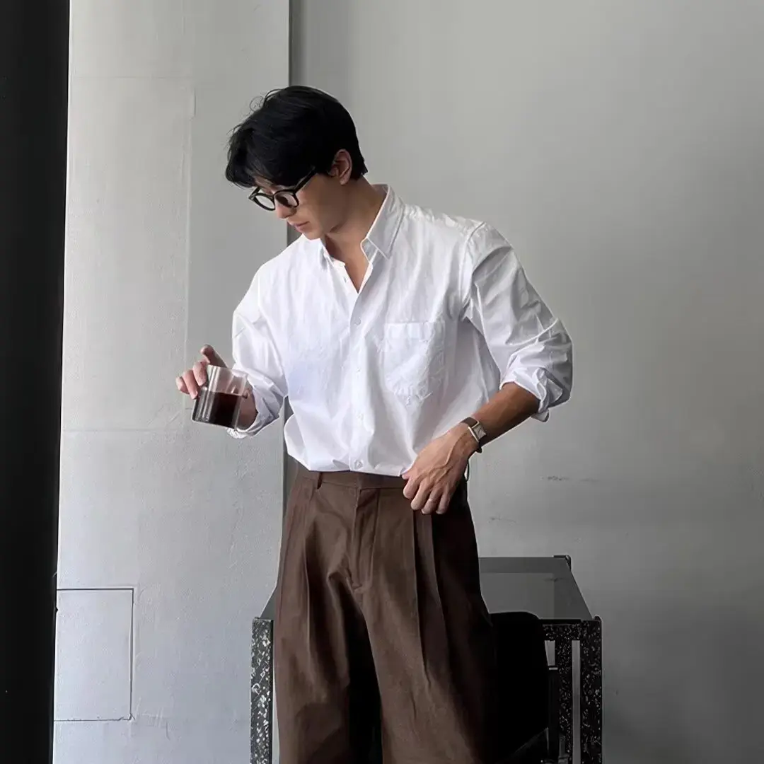 Spring Autumn Korean Style Loose Fit Long Sleeve Shirt 2024 Men's Light Luxury Pleated Trendy Casual Versatile Top