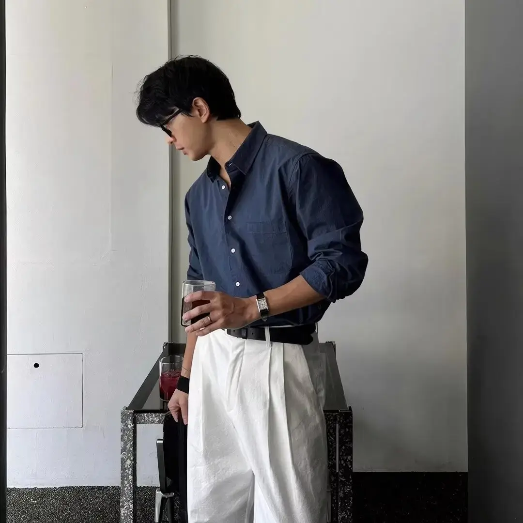 Spring Autumn Korean Style Loose Fit Long Sleeve Shirt 2024 Men's Light Luxury Pleated Trendy Casual Versatile Top