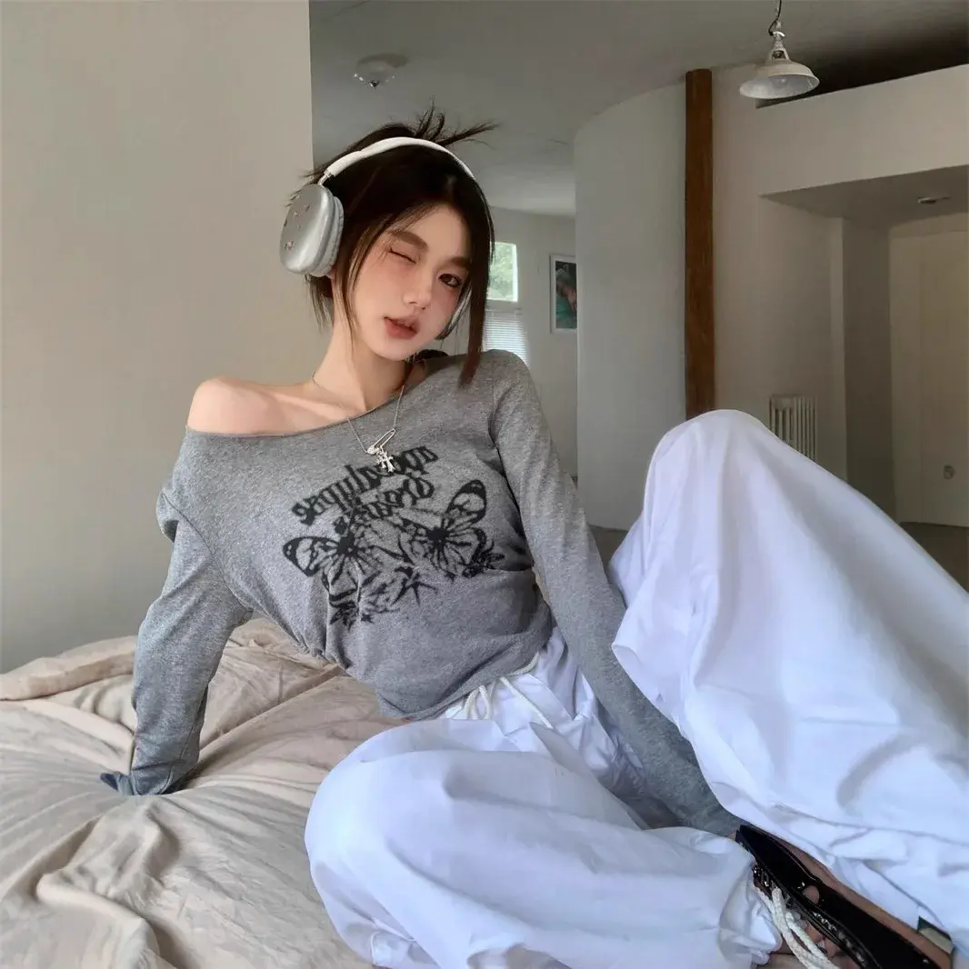 Versatile American Style Spicy Girl Butterfly Print Long Sleeve T-Shirt Women's Cropped Top Crew Neck Polyester Fiber