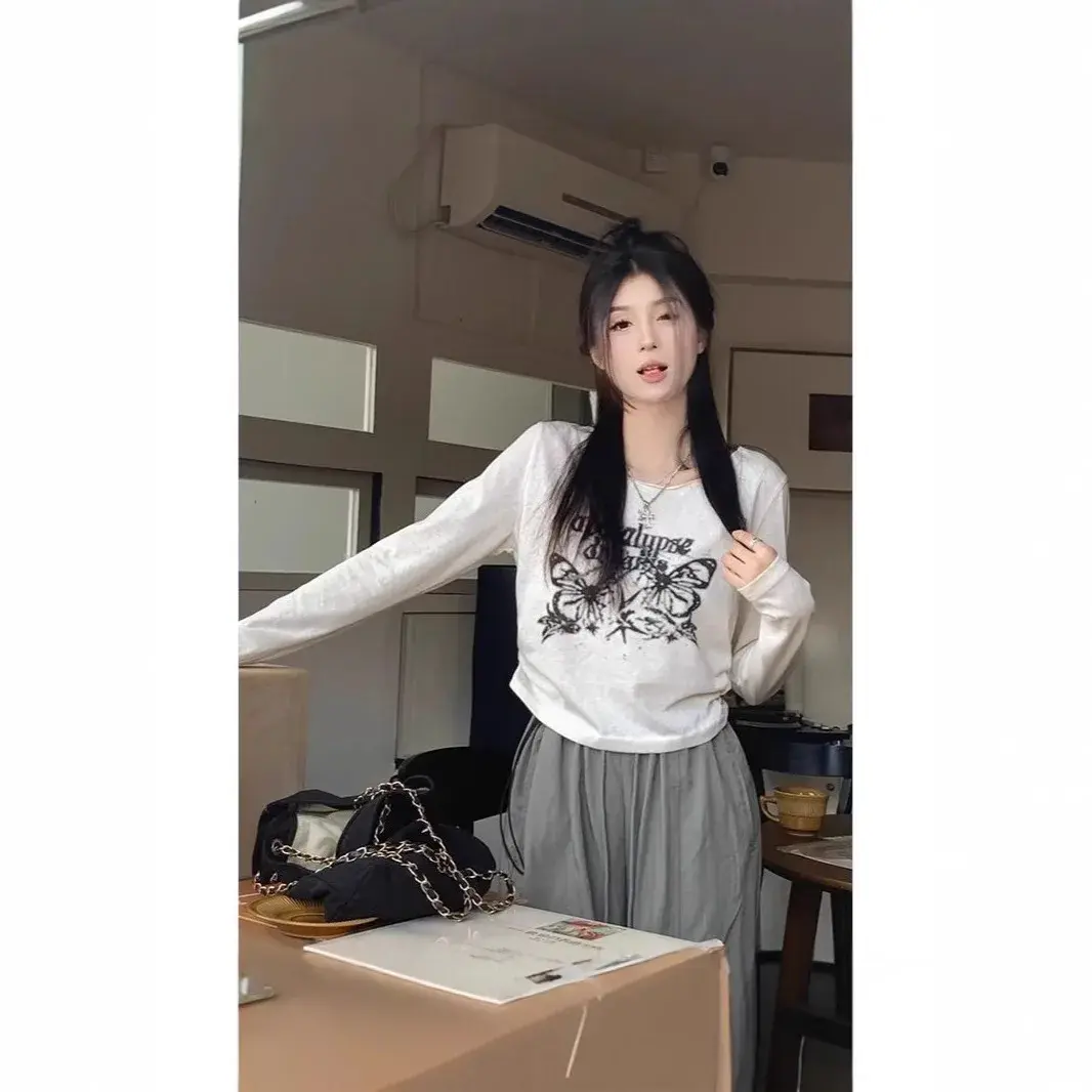 Versatile American Style Spicy Girl Butterfly Print Long Sleeve T-Shirt Women's Cropped Top Crew Neck Polyester Fiber
