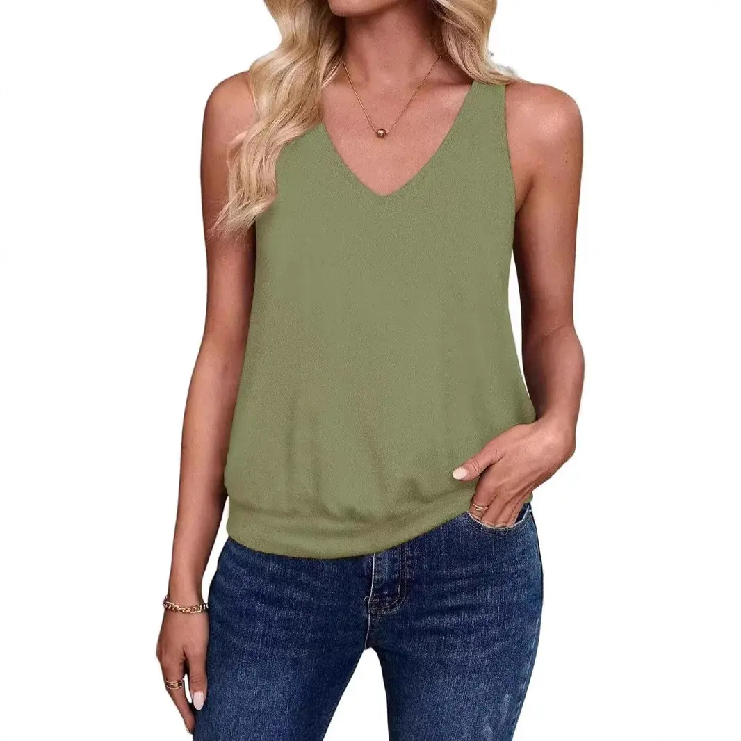 Summer Women's V-Neck Sleeveless Top Casual Vest Fashionable Trendy Tank Top Polyester Blend Fabric No Decoration
