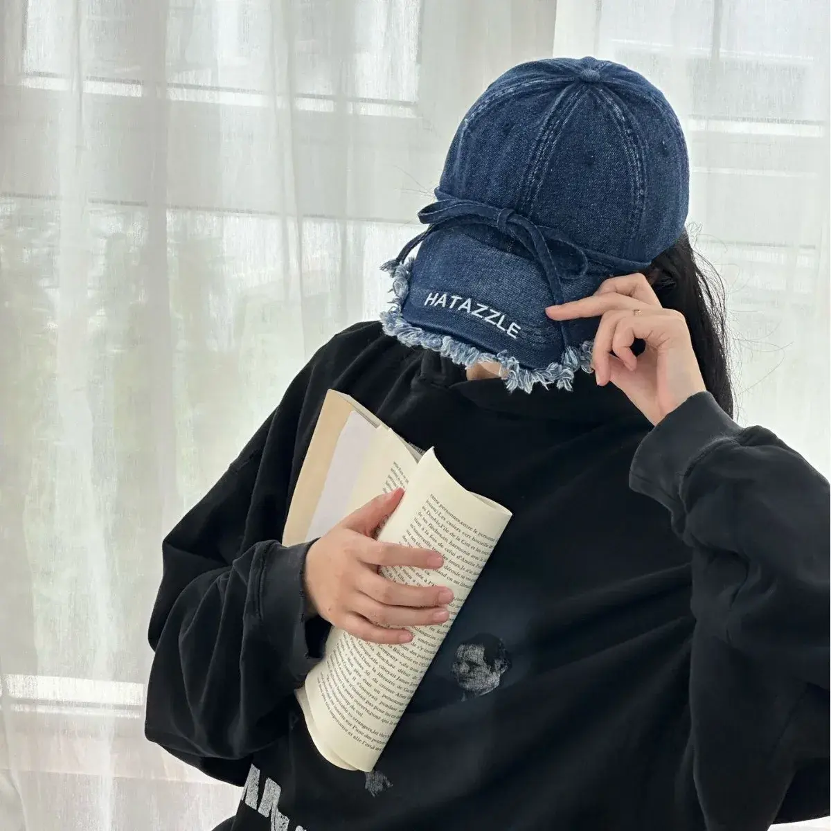 Washed Denim Baseball Cap Women's Fringe Edge Sweet White Moonlight Butterfly Knot Duckbill Hat DIY Tassel Trimmed Cap