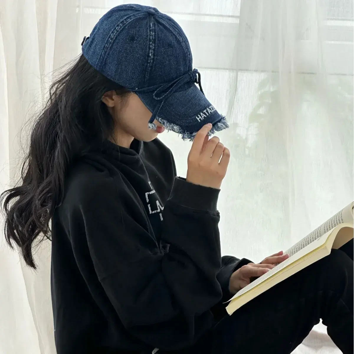 Washed Denim Baseball Cap Women's Fringe Edge Sweet White Moonlight Butterfly Knot Duckbill Hat DIY Tassel Trimmed Cap