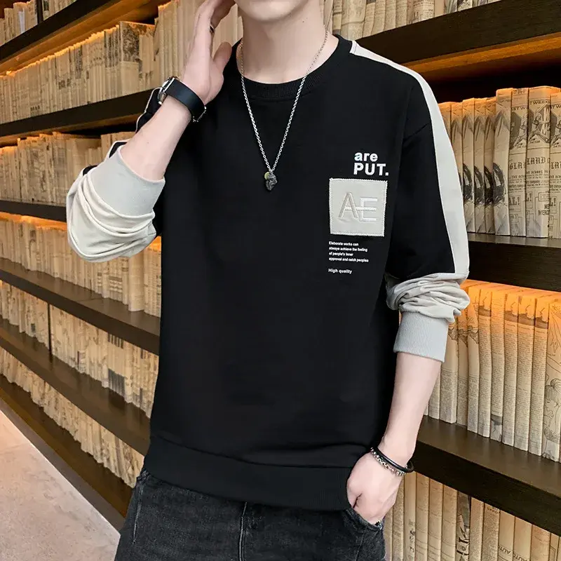 Trendy Long Sleeve round Neck Base Shirt Men's Korean Style Spring Autumn New Arrival Breathable Casual Letter Print Top