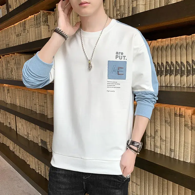 Trendy Long Sleeve round Neck Base Shirt Men's Korean Style Spring Autumn New Arrival Breathable Casual Letter Print Top