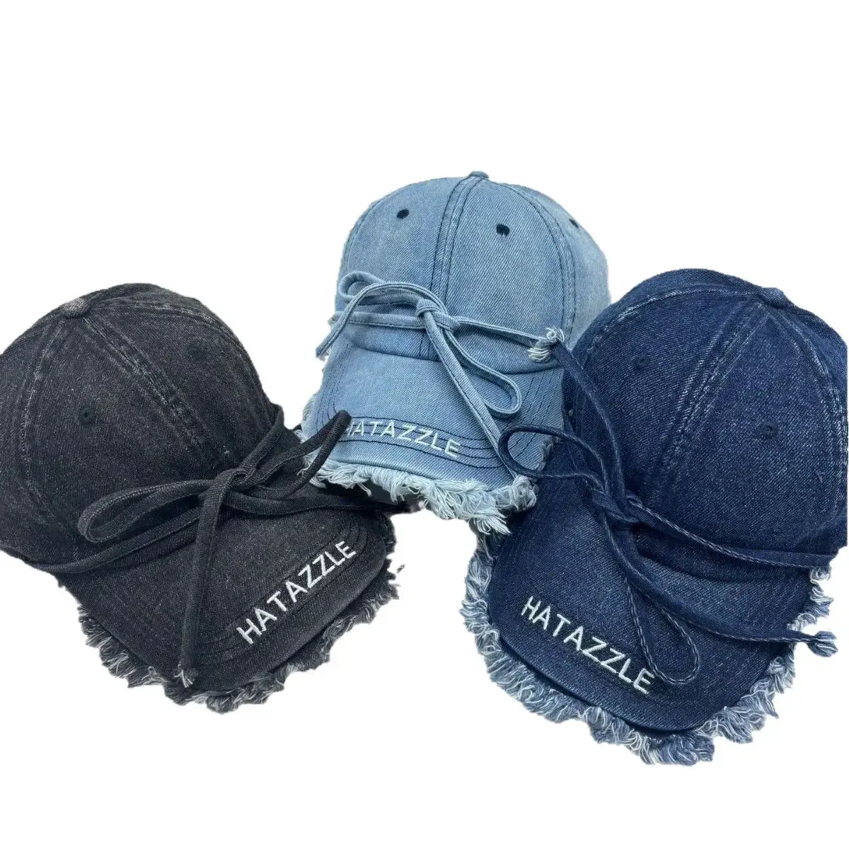 Washed Denim Baseball Cap Women's Fringe Edge Sweet White Moonlight Butterfly Knot Duckbill Hat DIY Tassel Trimmed Cap