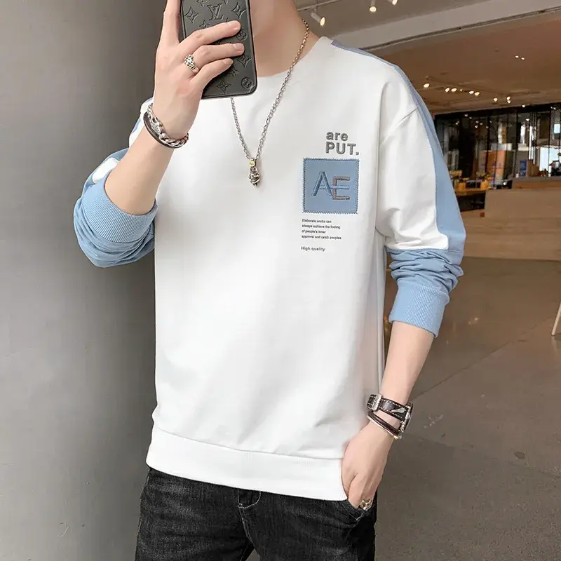 Trendy Long Sleeve round Neck Base Shirt Men's Korean Style Spring Autumn New Arrival Breathable Casual Letter Print Top