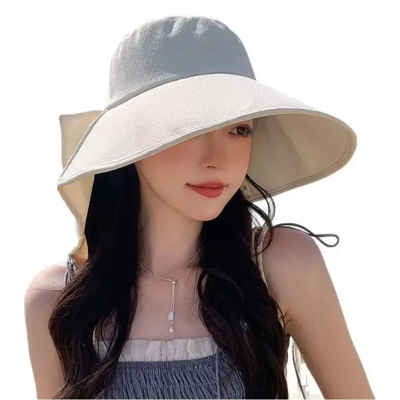 Women's Summer Outdoor Fishing Cap Sunscreen Scarf Breathable Wide Brim Hat UV Protection Hat Korean Style Lace Net Hat
