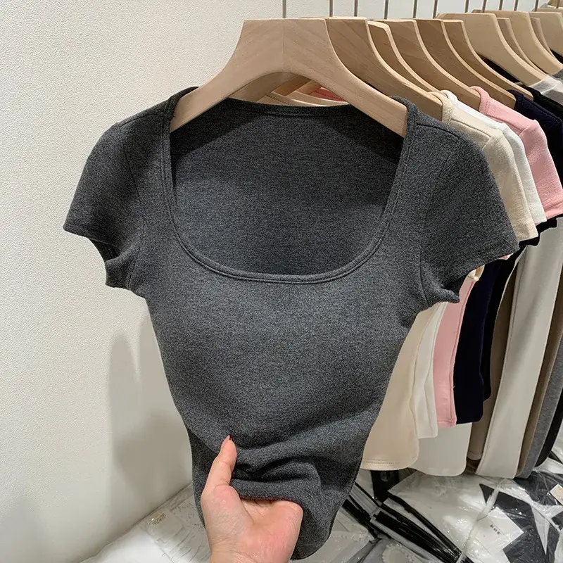 Slim Fit Short Sleeve T-Shirt Women's Summer New Style Self-Contained Chest Pad Spicy Girl Square Collar Shoulder T-Shirt