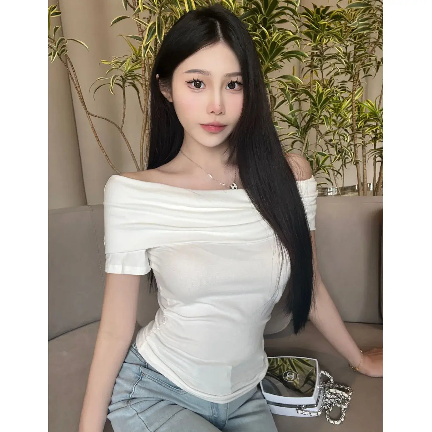 Sexy Shoulder Baring Short Sleeve Slim Fit T-Shirt Women's Summer Fashion Casual Pure Desire Multicolor Trendy Top