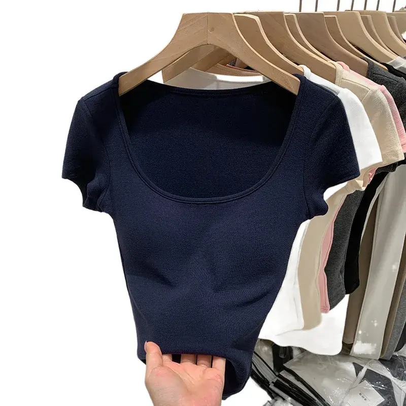 Slim Fit Short Sleeve T-Shirt Women's Summer New Style Self-Contained Chest Pad Spicy Girl Square Collar Shoulder T-Shirt