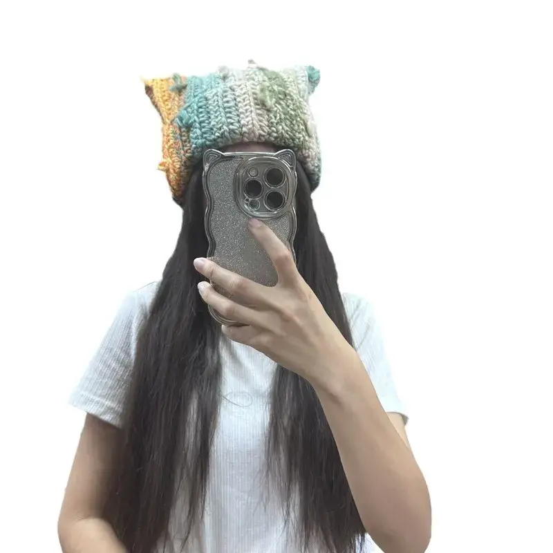 Hand Knitted Tassel Hat Women's Autumn Winter Warm Sweet Ear Knitwear Popular Cold Cap Colorful Yarn Floppy Hat Cute Style