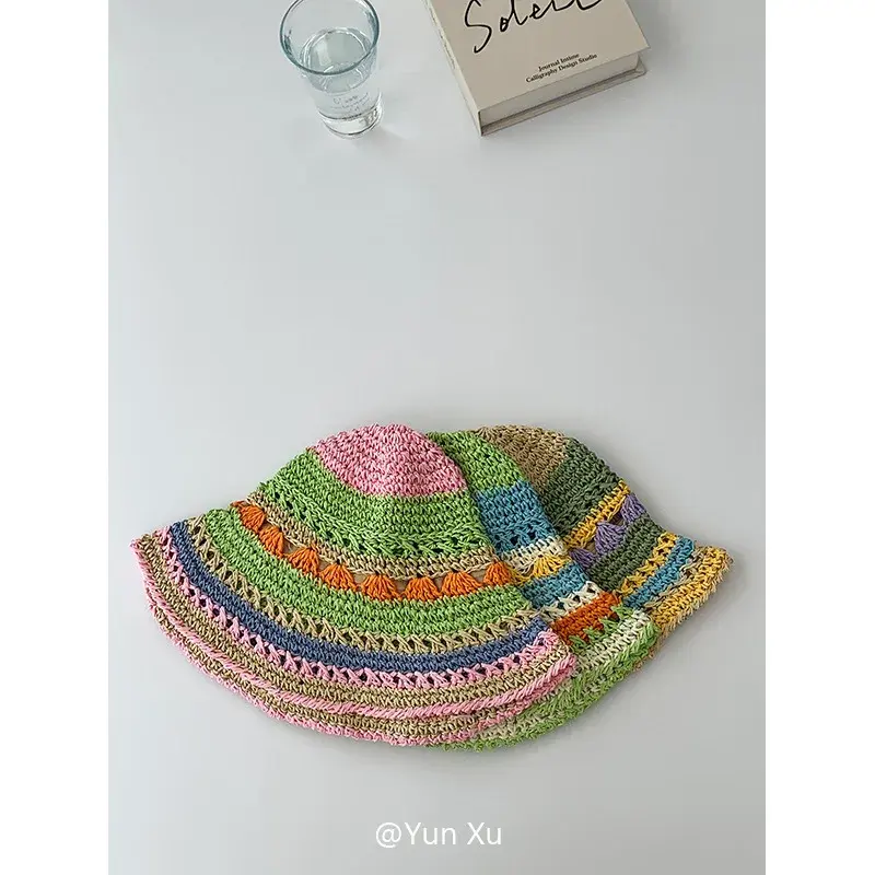Foldable Large Brim Straw Weaving Fisherman Hat Women Summer Outing Sunshade Protection Hat Basin Hat Hollow out Design