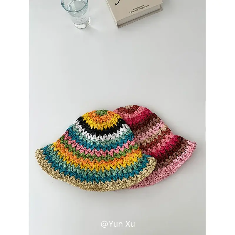 Foldable Large Brim Straw Weaving Fisherman Hat Women Summer Outing Sunshade Protection Hat Basin Hat Hollow out Design
