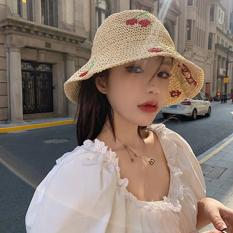 Women's Summer Sun Protection Hat Cherry Design Hollow out Large Brim Face Covering Beach Fishing Cap Lace Net Hat