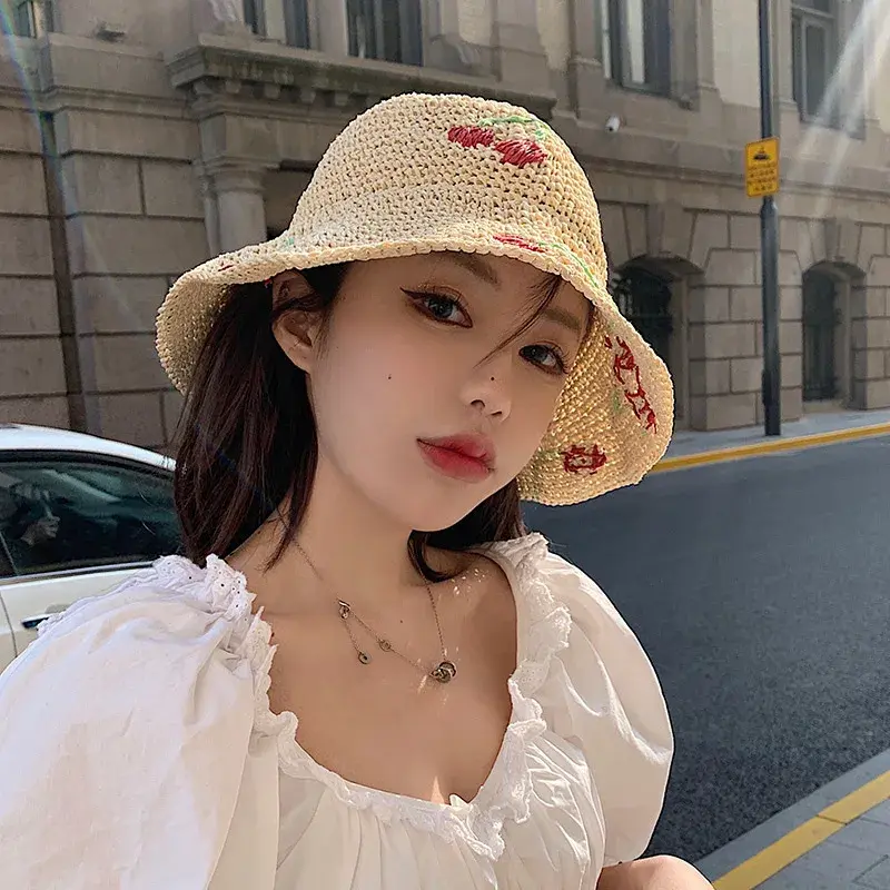 Women's Summer Sun Protection Hat Cherry Design Hollow out Large Brim Face Covering Beach Fishing Cap Lace Net Hat