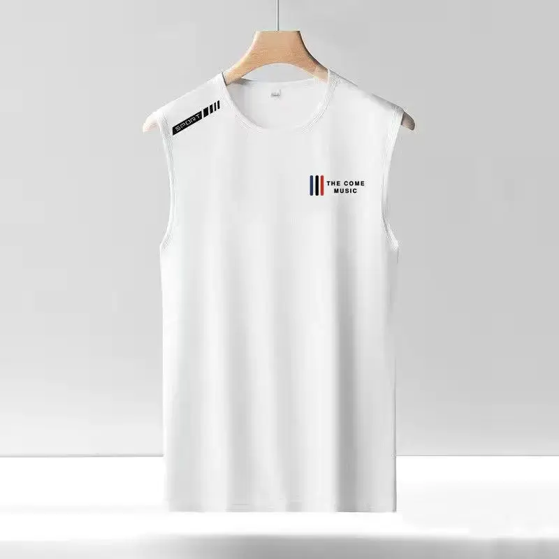 Men's Ice Silk Vest Trendy Thin Breathable Quick Dry Sports Casual Shoulder Vest Outerwear Round Neck Sleeveless T-shirt Summer
