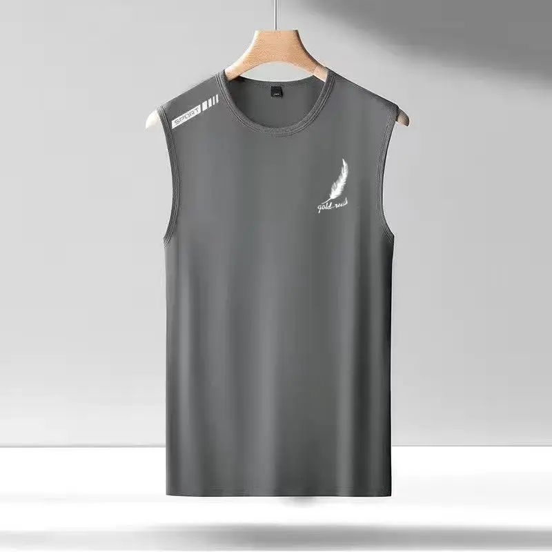 Men's Ice Silk Vest Trendy Thin Breathable Quick Dry Sports Casual Shoulder Vest Outerwear Round Neck Sleeveless T-shirt Summer