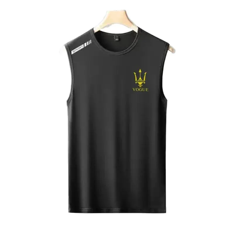 Men's Ice Silk Vest Trendy Thin Breathable Quick Dry Sports Casual Shoulder Vest Outerwear Round Neck Sleeveless T-shirt Summer