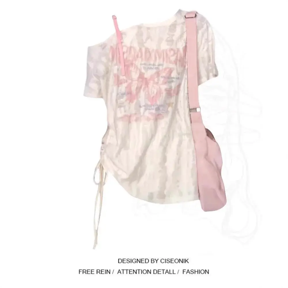 Shoulder Bared Butterfly Print Short Sleeve T Shirt Women's Summer New Sweet And Spicy Top Polyester Fiber Regular Sleeve Length