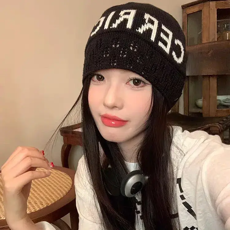 Women's Knitted Hat Autumn Winter Fashionable Letter Pattern Small Face Flattering Cucumber Skin Style Pile up Cap