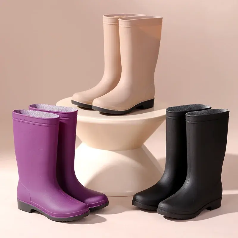 British Fashion Thickened Anti-Slip Matte Finish Women's Mid-Calf Rain Boots Waterproof Kitchen Mom Water Shoes Warm Covers