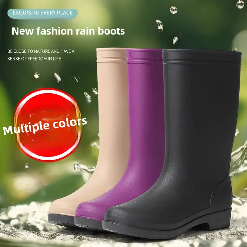 British Fashion Thickened Anti-Slip Matte Finish Women's Mid-Calf Rain Boots Waterproof Kitchen Mom Water Shoes Warm Covers