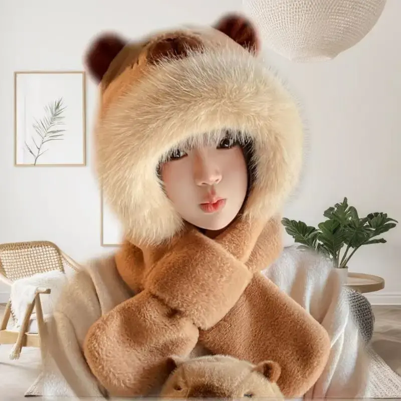 Cute Capybara Plush Hat Scarf Set Women's Autumn Winter Warm Windproof Integrated Design Comfortable Soft Fabric Neck Warmer