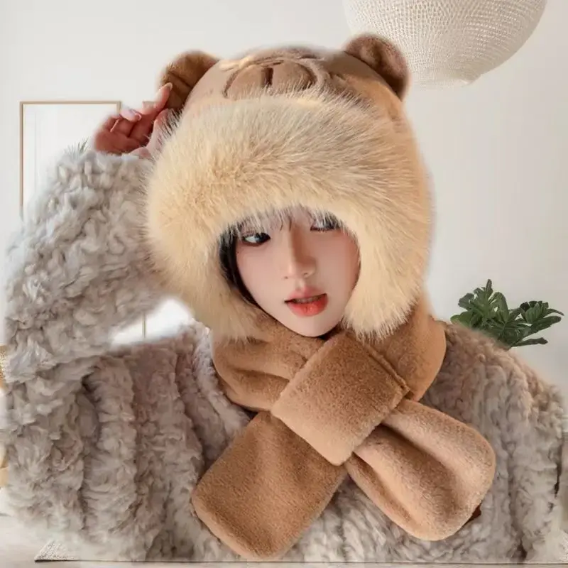 Cute Capybara Plush Hat Scarf Set Women's Autumn Winter Warm Windproof Integrated Design Comfortable Soft Fabric Neck Warmer