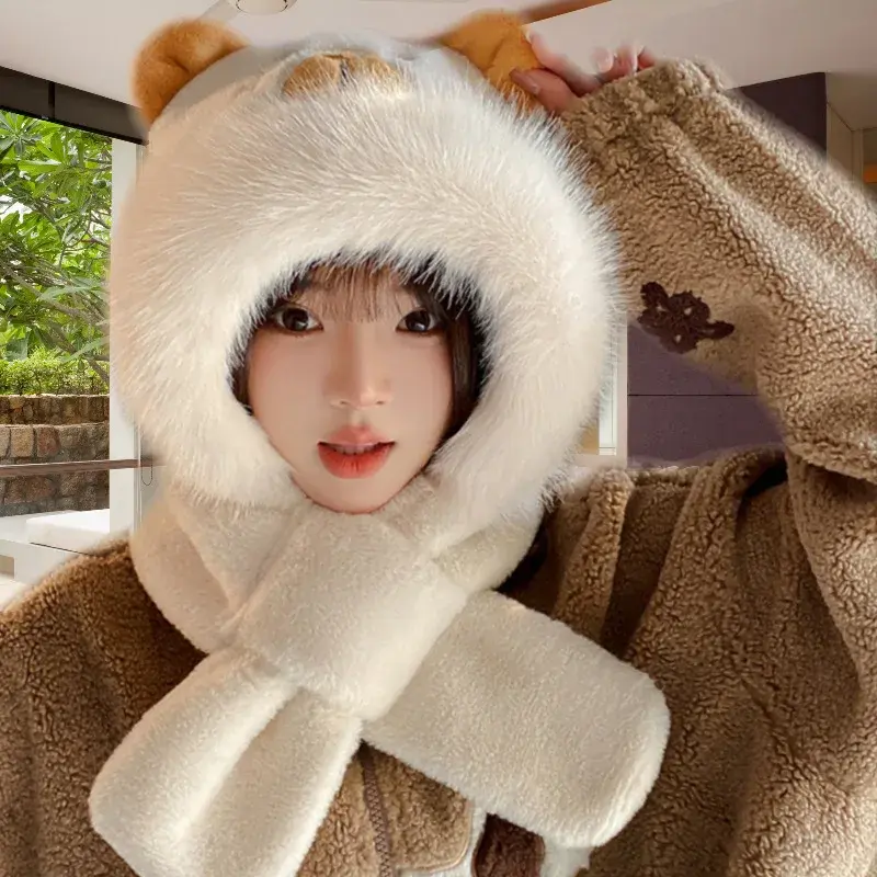 Cute Capybara Plush Hat Scarf Set Women's Autumn Winter Warm Windproof Integrated Design Comfortable Soft Fabric Neck Warmer
