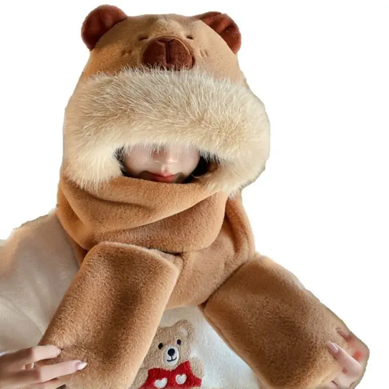Cute Capybara Plush Hat Scarf Set Women's Autumn Winter Warm Windproof Integrated Design Comfortable Soft Fabric Neck Warmer