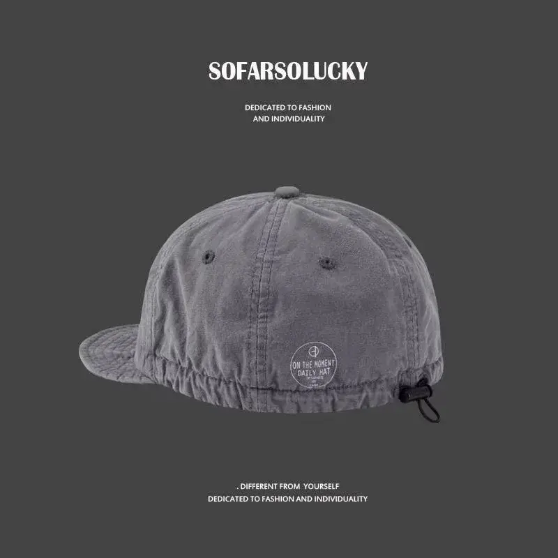American Retro Short Brim Baseball Cap Black Washed Soft Top Drawstring Workwear Hat Curved Bill Cap for Men And Women