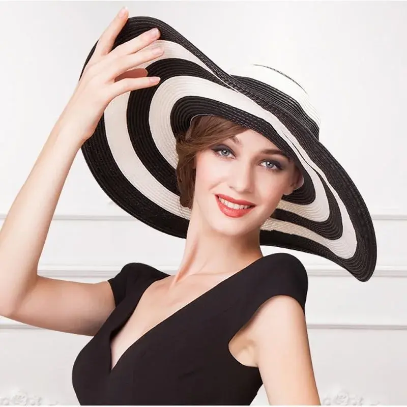 Foldable Straw Hat Women's Summer Beach Large Brim Korean Style Sunshade Cap Black White Stripes Little Pepper Trendy Hat