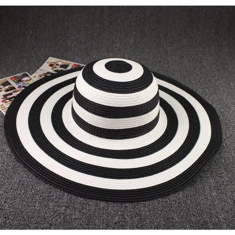 Foldable Straw Hat Women's Summer Beach Large Brim Korean Style Sunshade Cap Black White Stripes Little Pepper Trendy Hat