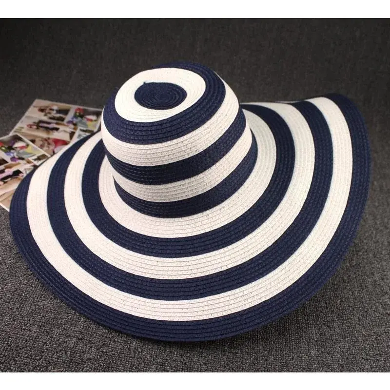 Foldable Straw Hat Women's Summer Beach Large Brim Korean Style Sunshade Cap Black White Stripes Little Pepper Trendy Hat