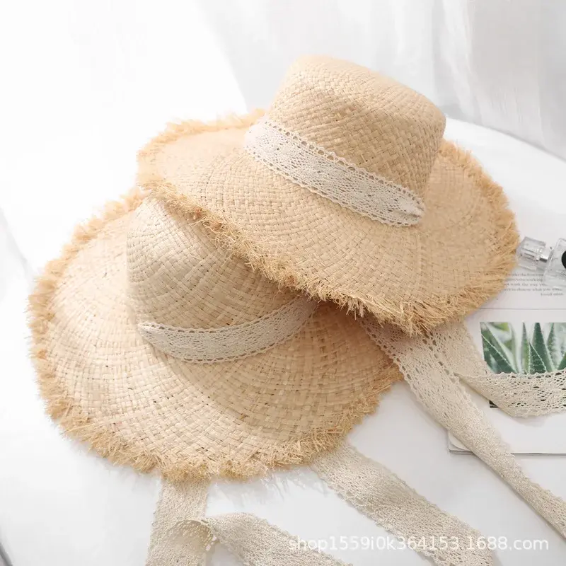 Summer Fresh Style Women's Beach Holiday Straw Hat Large Brim Sunshade Cap Lace Net Hat UV Protection Knot-Tied Rafi Hat