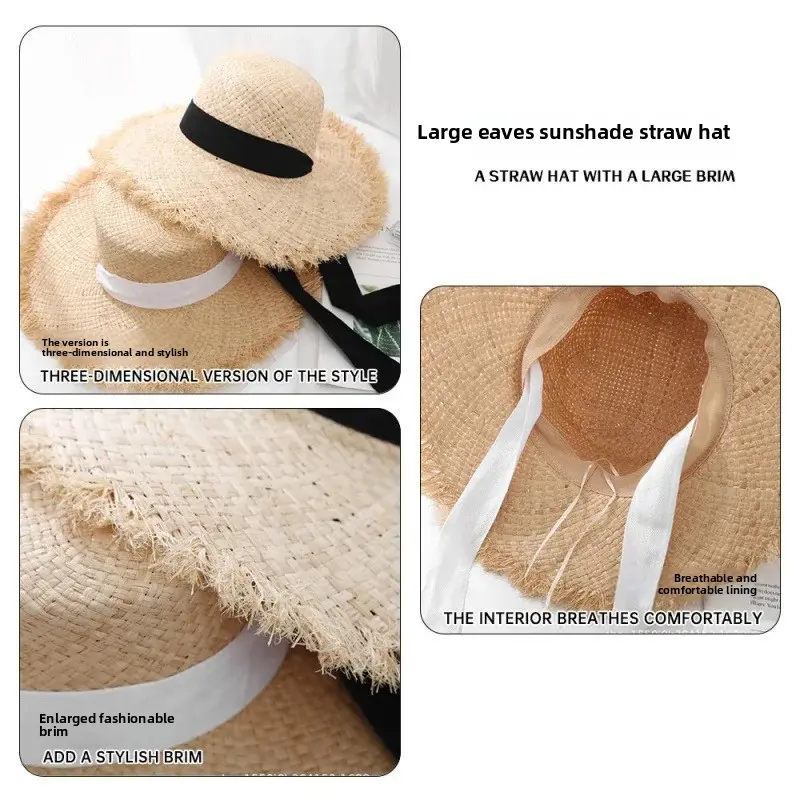 Summer Fresh Style Women's Beach Holiday Straw Hat Large Brim Sunshade Cap Lace Net Hat UV Protection Knot-Tied Rafi Hat