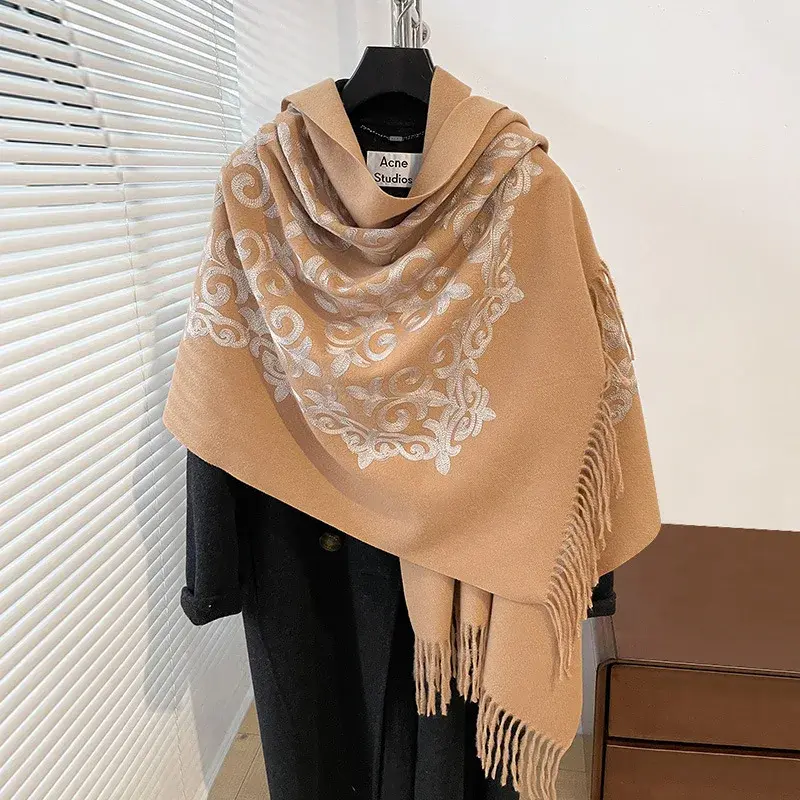 2024 Autumn/Winter New Artistic Vintage Ethnic Style Faux Sheepskin Embroidered Women's Scarf Fashionable Warm Versatile