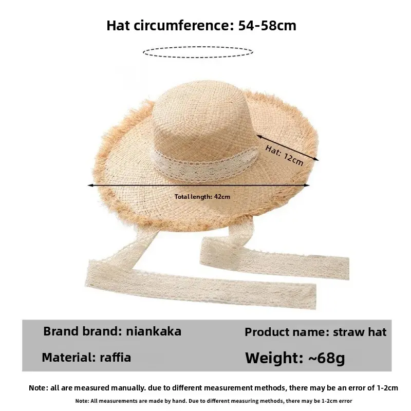 Summer Fresh Style Women's Beach Holiday Straw Hat Large Brim Sunshade Cap Lace Net Hat UV Protection Knot-Tied Rafi Hat