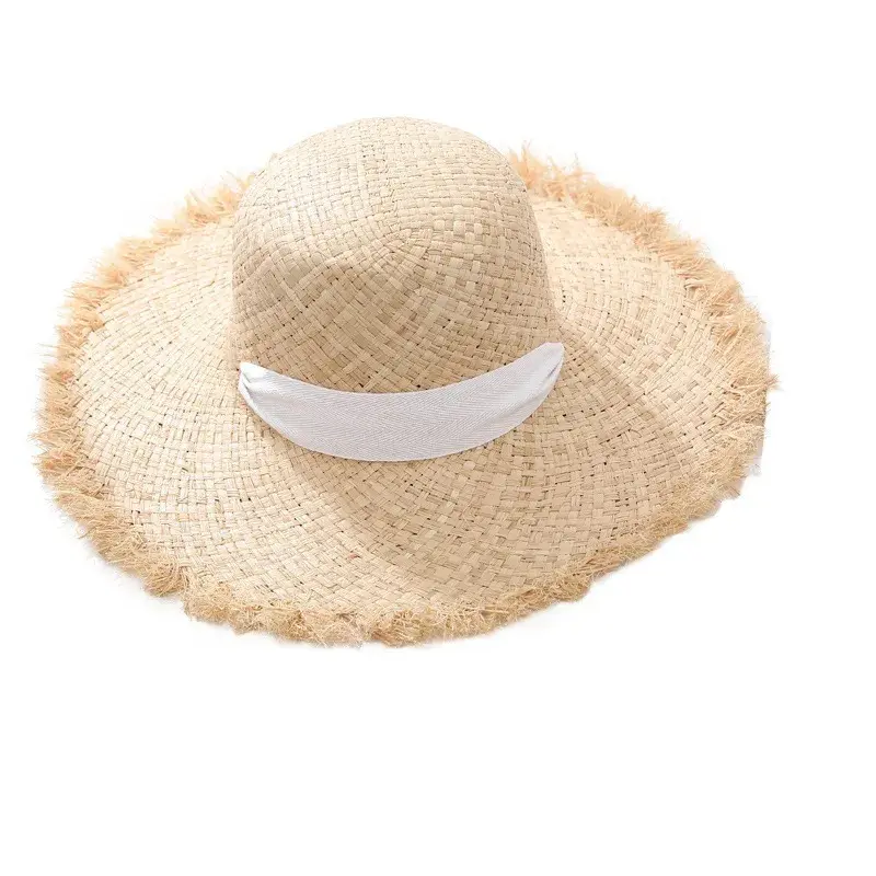 Summer Fresh Style Women's Beach Holiday Straw Hat Large Brim Sunshade Cap Lace Net Hat UV Protection Knot-Tied Rafi Hat