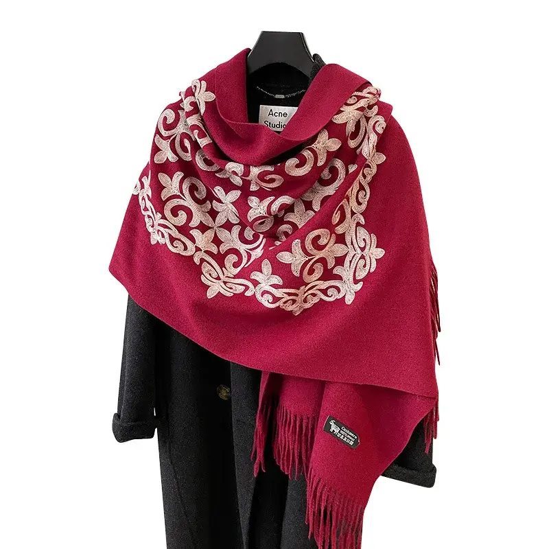 2024 Autumn/Winter New Artistic Vintage Ethnic Style Faux Sheepskin Embroidered Women's Scarf Fashionable Warm Versatile