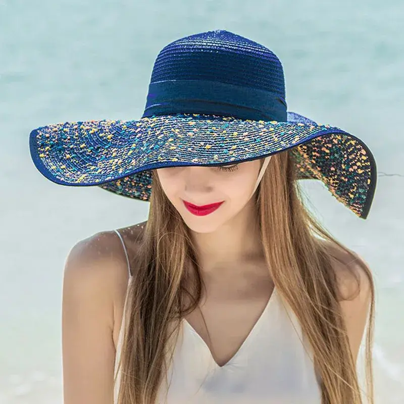 Foldable Beach Sun Hat Women's Outdoor UV Protection Large Brim Straw Hat Lace Net Cap Hair Extension And Wig Accessories
