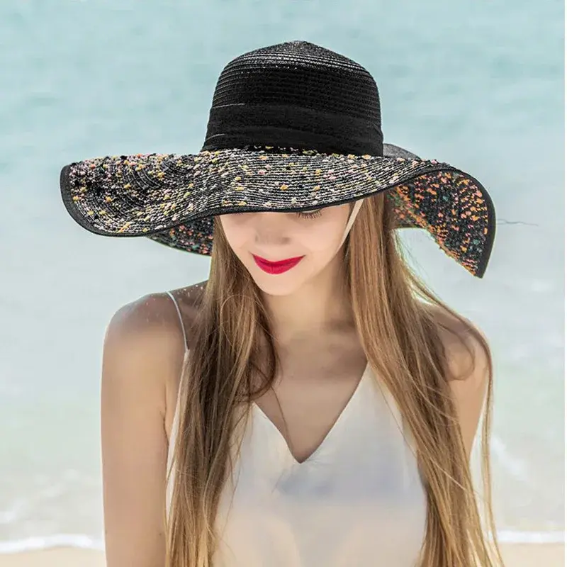 Foldable Beach Sun Hat Women's Outdoor UV Protection Large Brim Straw Hat Lace Net Cap Hair Extension And Wig Accessories