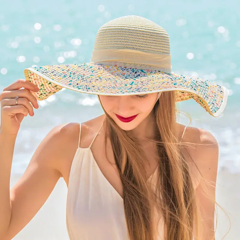 Foldable Beach Sun Hat Women's Outdoor UV Protection Large Brim Straw Hat Lace Net Cap Hair Extension And Wig Accessories