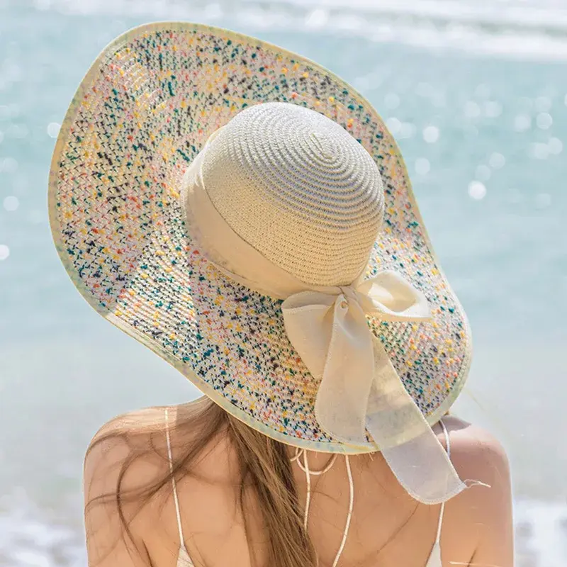 Foldable Beach Sun Hat Women's Outdoor UV Protection Large Brim Straw Hat Lace Net Cap Hair Extension And Wig Accessories