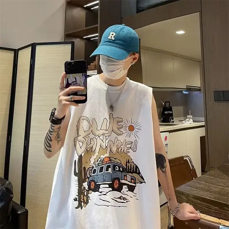 American Style High Street Tank Top Men Summer Ins Trendy Brand Web Sleeveless T-shirt Sports Basketball Fitness Shoulder Vest